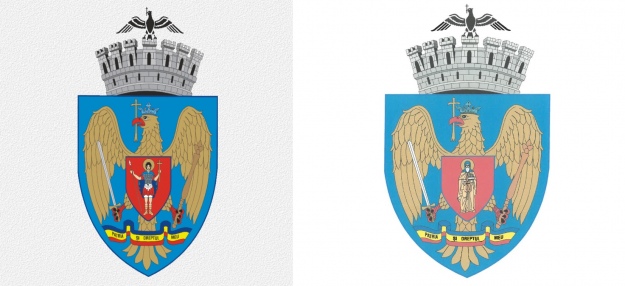 Нинішній герб Бухареста (ліворуч) і майбутня виправлена версія (праворуч)