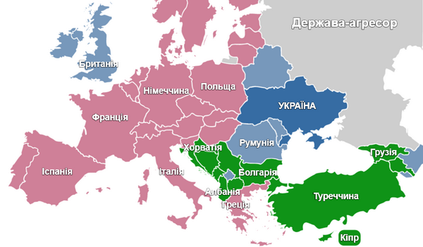Зеленим кольором позначені європейські країни, що вже відкрилися, або напевно відкриють в'їзд для туристів, рожевим - держави Шенгену або синхронізовані з ними. Світло-синім - нешенгенські країни, які мають візовий режим для українців та ті, відкриття яких є непевним. 