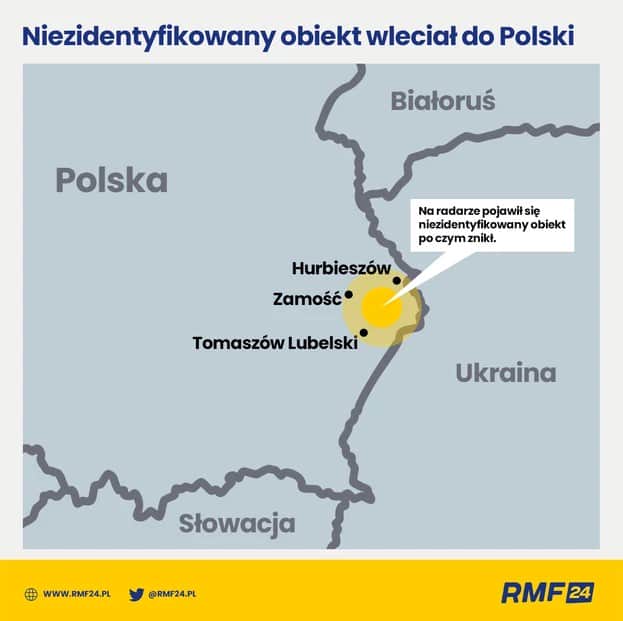Орієнтовне місце порушення повітряного простору Польщі, інфографіка RMF FM