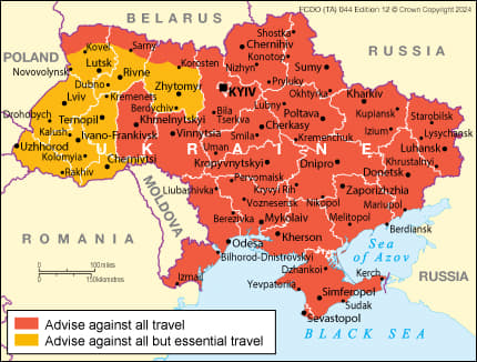 Зафарбовані в помаранчевий колір регіони означають місця, куди британці можуть здійснювати поїздки, але тільки за необхідності