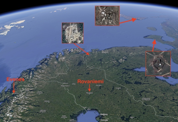 Розташування аеропортів Евенес (Норвегія) і Рованіємі (Фінляндія)