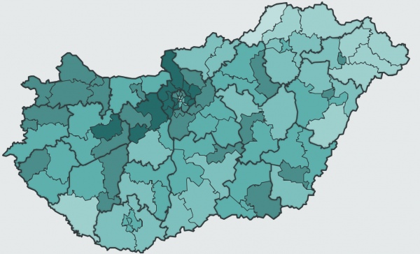 Розподіл явки по країні станом на 15.00. Найбільші показники&nbsp;&ndash; у Будапешті та околицях.. Графіка hvg.hu